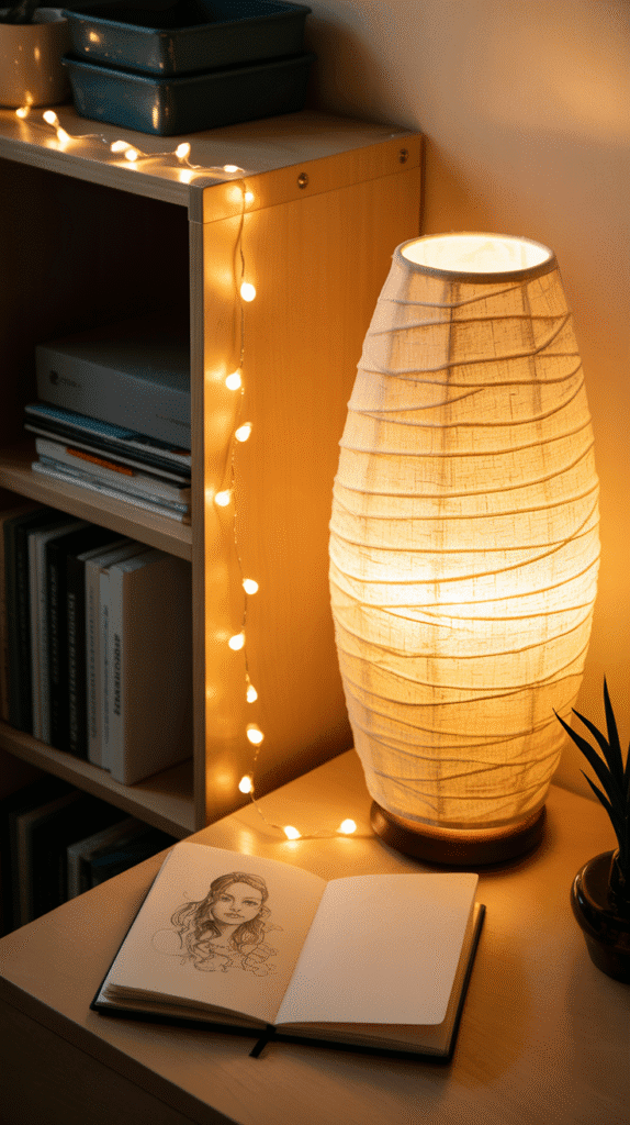 A warm-lit studio corner with a beige linen lamp, fairy lights draped along a light wood shelf, and an open sketchbook glowing softly under the golden light.
