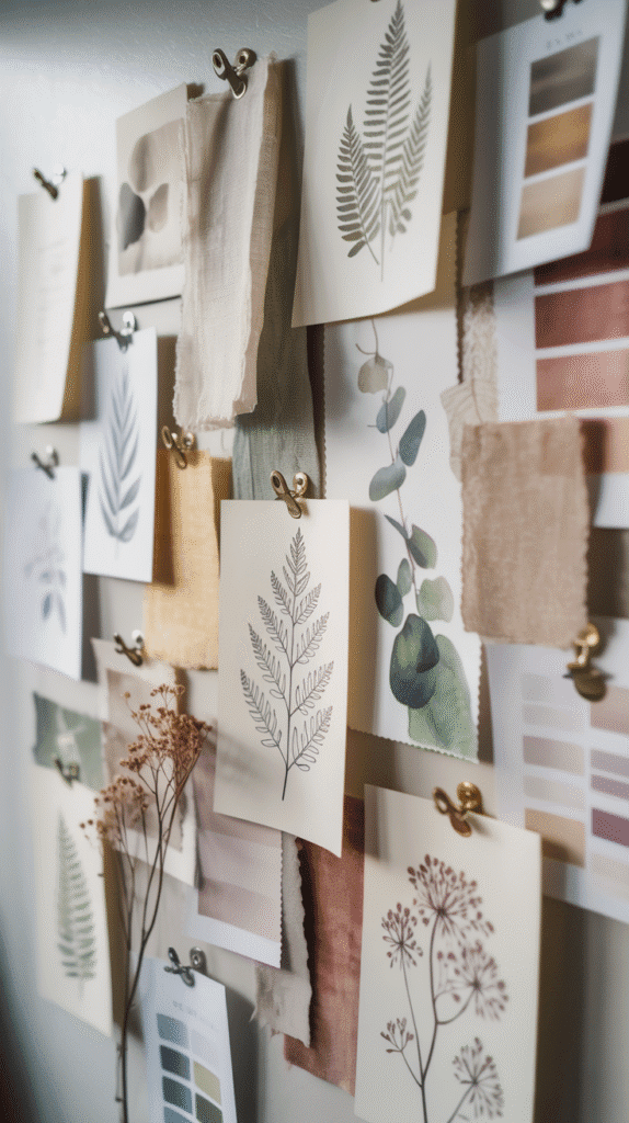 A photograph of an artistic inspiration board mounted on a white wall, filled with carefully arranged botanical sketches, fabric swatches, and color palette samples. Delicate pencil drawings of ferns, eucalyptus branches, and wildflowers are clipped with small brass pins alongside linen and cotton fabric samples in cream, sage green, and dusty rose tones. Watercolor paint chips and torn paper swatches create a layered collage effect, with subtle shadows cast by each overlapping element. Soft, diffused natural light streams in from the left, creating gentle highlights that emphasize the varied textures of paper, fabric, and dried botanical specimens.