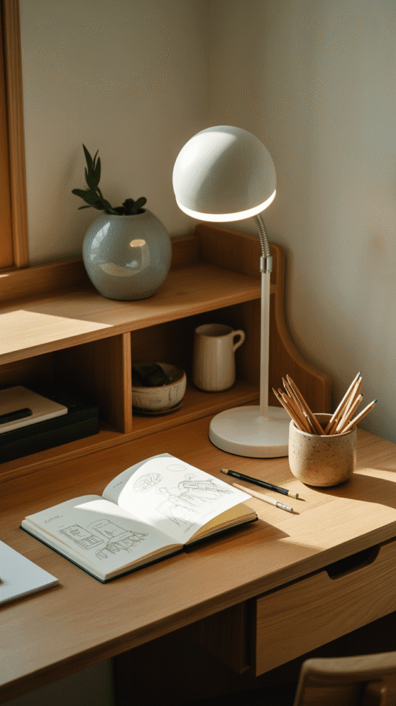 A light wooden desk with an open sketchbook, ceramic pencil cup, and a daylight lamp illuminating the workspace.
