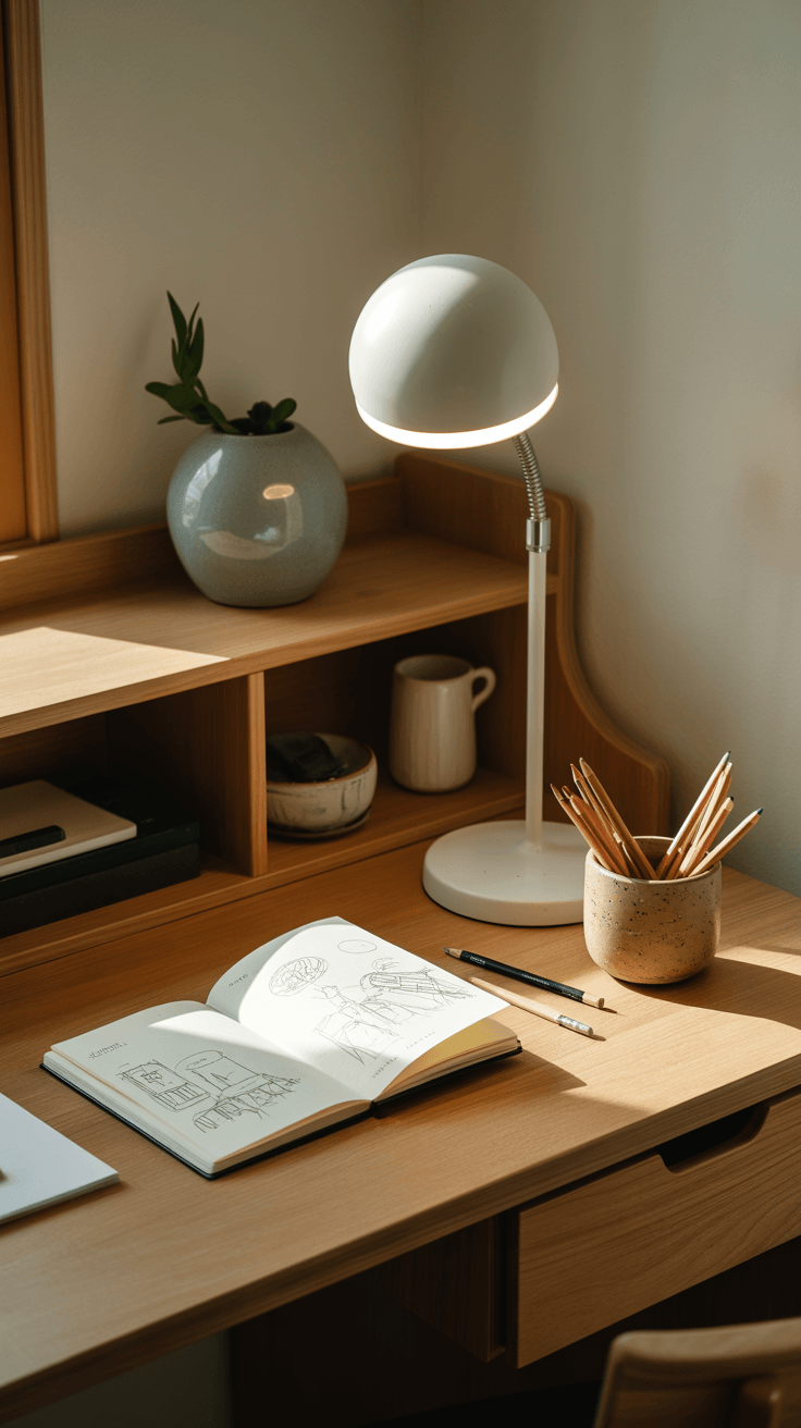 A light wooden desk with an open sketchbook, ceramic pencil cup, and a daylight lamp illuminating the workspace.