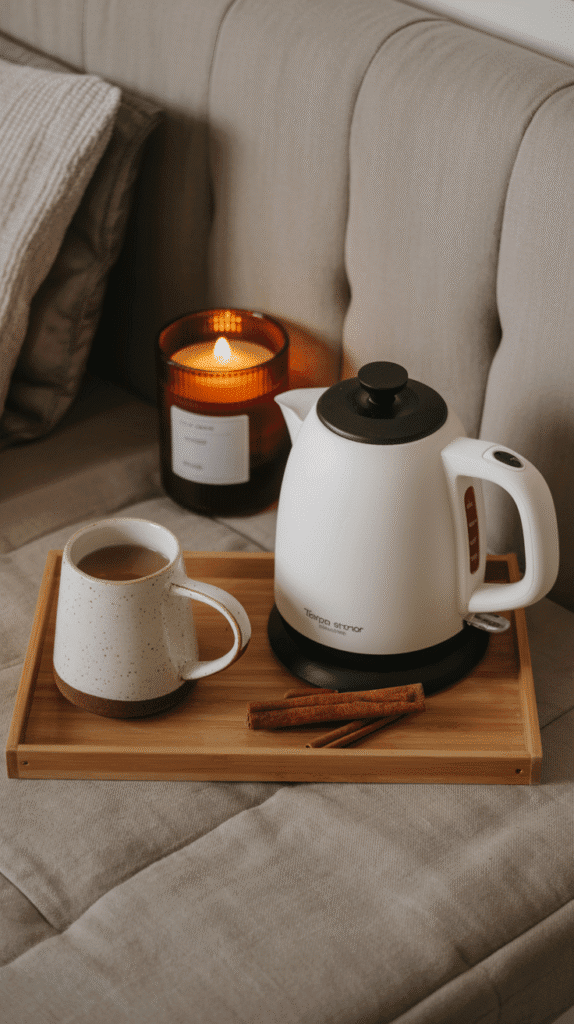 A small studio beverage station with a ceramic mug, tiny electric kettle, cinnamon sticks, and an amber candle on a wooden tray.