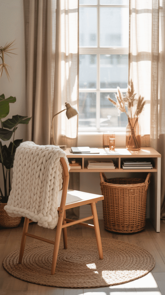 A light-filled studio space with a chunky knit throw on a wooden chair, a woven rattan bin under the desk, and linen curtains filtering warm sunlight.