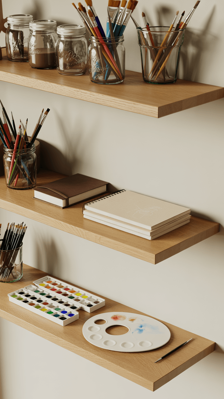 A clean, minimalist photograph of light oak floating shelves mounted on a white wall, showcasing an organized artist's workspace. The shelves display glass mason jars filled with various paintbrushes and pencils, compact watercolor paint sets with well-used color pans, and a white ceramic mixing palette with subtle paint stains. Several leather-bound sketchbooks are neatly stacked alongside the art supplies, creating perfect geometric arrangements. Soft, even lighting illuminates the warm honey tones of the oak wood and casts gentle shadows beneath each shelf, emphasizing the clean lines and thoughtful organization of the creative space.