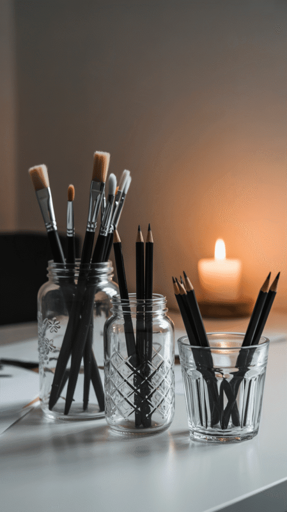 A set of clear vintage-style jars holding brushes and charcoal pencils, arranged on a white desk with a warm candle glowing in the background.