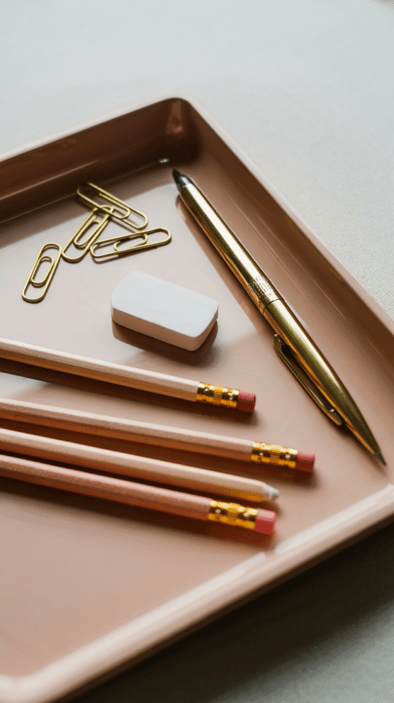 A soft beige tray holding pencils, a kneaded eraser, paper clips, and a gold metal pen.