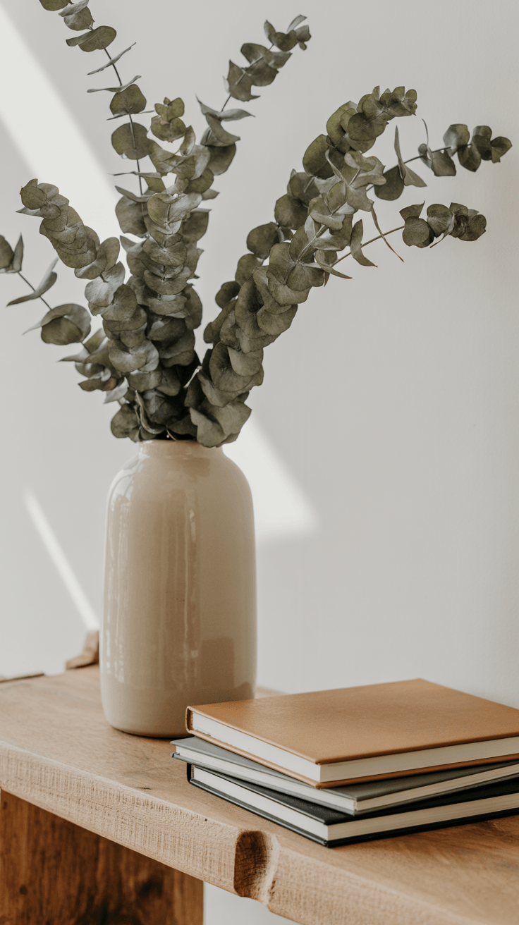 A minimalist still life photograph featuring a tall, cream-colored ceramic vase filled with silvery-green dried eucalyptus branches positioned on a natural wood shelf. The eucalyptus stems cascade gracefully from the vase, their delicate leaves creating an organic silhouette against the clean backdrop. Beside the vase, three leather-bound sketchbooks are neatly stacked, their worn covers and visible page edges suggesting frequent artistic use. Soft, diffused natural light filters in from the left, casting gentle shadows and highlighting the beautiful textures of the ceramic glaze, weathered wood grain, and papery eucalyptus leaves.