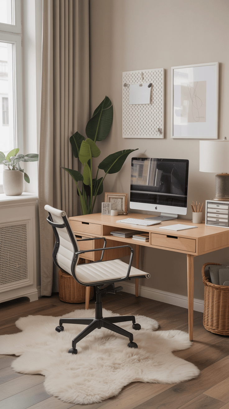 A soft cream rug beneath a light-wood desk, creating a cozy and comfortable creative zone.