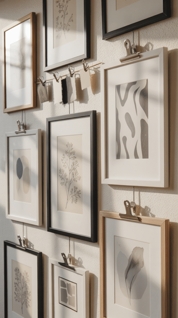 A gallery wall photograph showcasing an elegant arrangement of framed artwork against a textured cream-colored wall. The collection features delicate sepia botanical sketches with fine pen-and-ink details, minimalist abstract prints in soft grays and whites with flowing organic shapes, and small fabric or paper color swatches clipped to thin metal wires or wooden clips. The frames vary in size and style, from thin black metal frames to natural wood borders, creating visual rhythm across the wall. Soft, diffused natural light casts gentle shadows behind each piece, emphasizing the wall's subtle texture and the sophisticated, curated aesthetic of this modern art display.