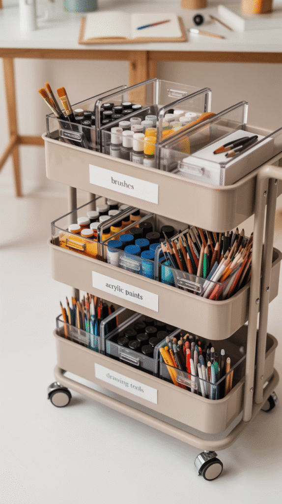 A photograph of a modern rolling art cart in soft beige and white tones, featuring multiple tiers of organized storage compartments. The cart displays clear acrylic bins with neat labels reading "Brushes," "Acrylic Paints," and "Drawing Tools," each containing an array of colorful art supplies including paint tubes, various brush sizes, pencils, and markers. The cart sits on smooth-rolling casters against a clean, minimalist studio backdrop with natural lighting that highlights the organized arrangement. The overall composition emphasizes functionality and aesthetic appeal, with each supply neatly visible through the transparent containers, creating an inspiring and tidy creative workspace.