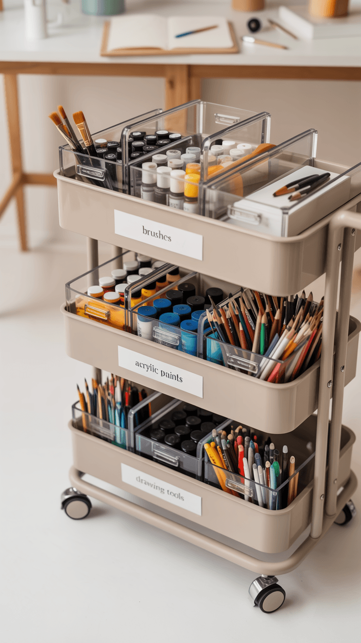 A photograph of a modern rolling art cart in soft beige and white tones, featuring multiple tiers of organized storage compartments. The cart displays clear acrylic bins with neat labels reading "Brushes," "Acrylic Paints," and "Drawing Tools," each containing an array of colorful art supplies including paint tubes, various brush sizes, pencils, and markers. The cart sits on smooth-rolling casters against a clean, minimalist studio backdrop with natural lighting that highlights the organized arrangement. The overall composition emphasizes functionality and aesthetic appeal, with each supply neatly visible through the transparent containers, creating an inspiring and tidy creative workspace.