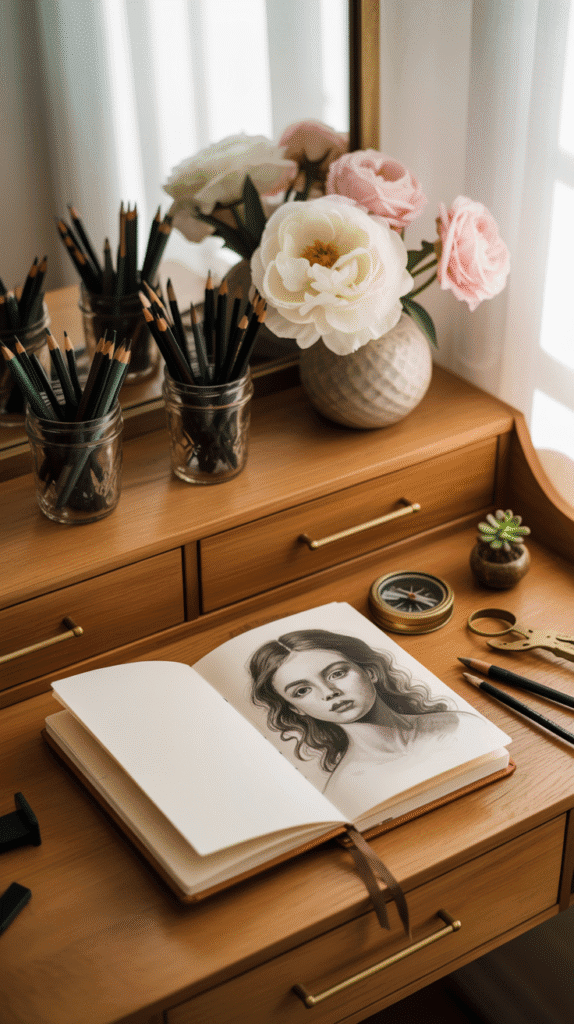 A photograph of an elegantly styled feminine art workspace centered around a warm honey-oak desk with sleek brass drawer handles. The desktop features a delicate ceramic vase holding fresh white peonies and soft pink roses, alongside glass mason jars neatly organizing an array of graphite pencils, charcoal sticks, and fine-tip pens. An open leather-bound sketchbook displays a detailed charcoal portrait drawing, with subtle smudges and precise shading visible on the cream-colored paper. Soft golden afternoon light streams through a nearby window, casting gentle shadows across the minimalist space adorned with a few carefully chosen items like a small succulent and a vintage brass compass.