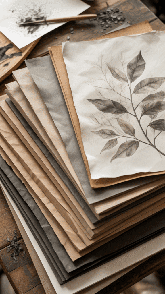 A detailed photograph of premium charcoal drawing paper stacked and artfully fanned across a rustic wooden art desk, showcasing rich neutral tones of creamy ivory, warm dove gray, and soft camel tan. The papers display distinctive vellum textures and visible surface grain, with subtle shadows emphasizing their quality and weight. A half-completed botanical illustration rendered in charcoal rests on the topmost sheet, featuring delicate leaf studies and vine details with soft, smudged edges. Scattered charcoal dust and fine particles cling to the paper surfaces, while gentle natural light from above creates an authentic studio atmosphere with warm, muted tones throughout the composition.