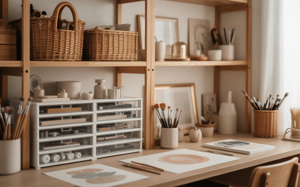 A warm neutral aesthetic art studio with wooden shelves, rattan baskets, acrylic drawers filled with art supplies, ceramic brush holders, soft natural light, feminine calm workspace, styled and organized creative space