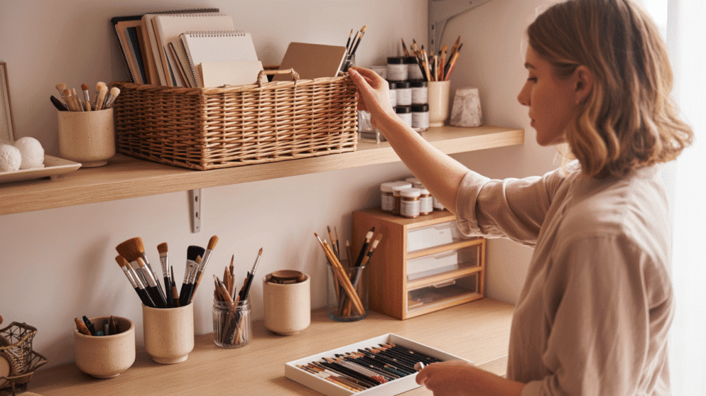 A beautifully styled art studio shelf and desk setup in warm neutral tones, showcasing aesthetic storage for art supplies. A woman in her early 30s with soft waves and natural makeup arranges a rattan basket filled with sketchbooks on a floating shelf. Below, a light-wood desk features ceramic cups of brushes, glass jars of pencils, acrylic drawers filled with paints, and a small tray holding neatly curated tools. Soft natural light illuminates the space, highlighting the textures of wood, rattan, and glass. The overall mood is calm, feminine, organized, and deeply aesthetic — the perfect visual representation of beautiful art supply storage ideas.