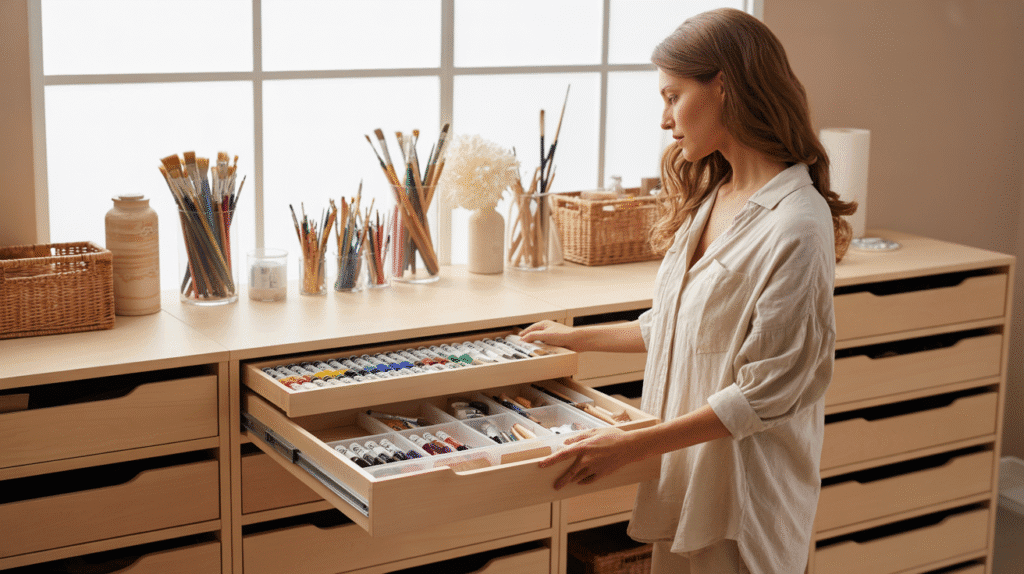 A beautifully styled art studio workspace featuring a light-wood drawer unit filled with neatly organized art supplies. A stylish woman in her early 30s stands beside the drawer unit, gently opening a shallow drawer displaying color-coded paint tubes arranged in acrylic dividers. The studio around her includes a warm-neutral palette, a clean desk setup, rattan baskets, and glass jars of brushes. Soft natural light streams through a nearby window, highlighting the clean lines of the drawer unit and creating a calm, inspiring atmosphere. The overall mood is aesthetic, functional, and Pinterest-perfect — showcasing the beauty of the best drawer units for artists.