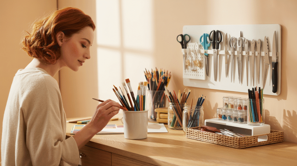 A photograph of an elegantly organized art desk in warm beige and cream tones, featuring a woman in her early 30s with soft auburn waves and natural makeup carefully placing paintbrushes into a pristine white ceramic cup. The light oak desk surface showcases glass mason jars filled with colorful pencils, clear acrylic organizers holding an array of markers and pens, and a small white pegboard displaying scissors, craft knives, and other tools in perfect arrangement. A woven rattan tray holds additional art supplies, while gentle golden sunlight streams through a nearby window, casting soft shadows and creating a serene, inspiring workspace. The scene captures the perfect balance of functionality and feminine aesthetic, with every creative tool thoughtfully organized and beautifully displayed.