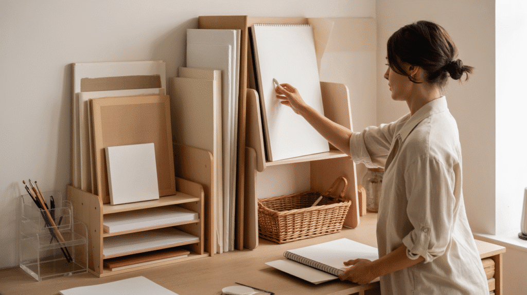 A beautifully organized art studio corner focused on paper and canvas storage. A stylish woman in her early 30s places a sketchbook on a vertical shelf organizer beside a light-wood desk. The space includes neatly stacked canvases in a slim wooden rack, flat files for paper storage, and a few rattan baskets holding loose sheets. Acrylic organizers display smaller sketchpads, while soft natural light filters into the room, highlighting the warm-neutral palette. The overall atmosphere feels clean, professional, and aesthetically organized — showcasing practical, beautiful ways to store canvas, paper, and sketchbooks.