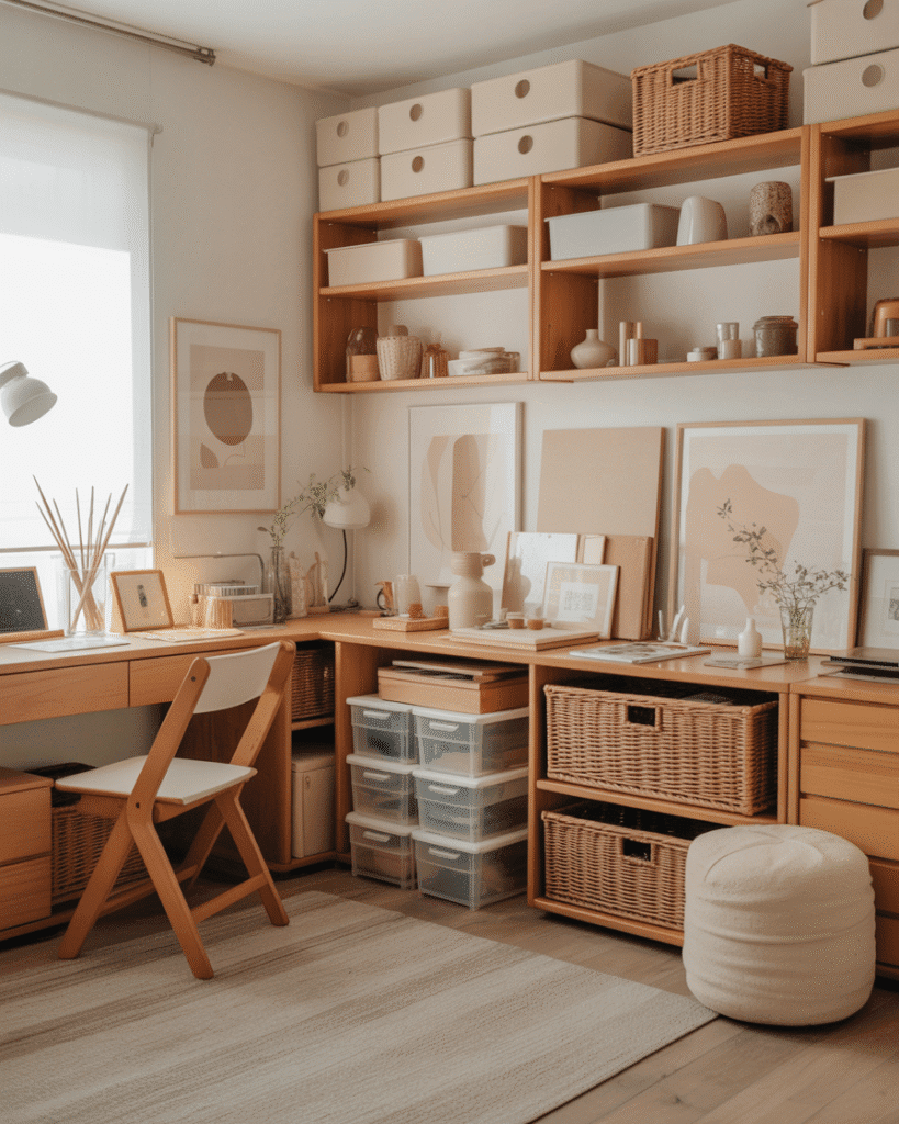 A full view of a real home art studio styled in a cohesive warm neutral color palette with wooden furniture, beige storage bins, acrylic drawers, ceramic containers, woven baskets, soft natural daylight, realistic organized workspace, cozy but minimal creative environment, lifestyle interior photography