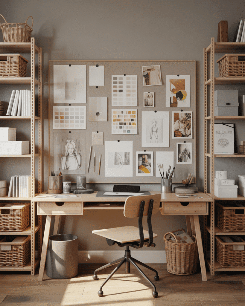 A realistic art studio wall with a neutral moodboard displaying paint swatches, sketches and inspiration photos above a wooden desk, surrounded by shelves with baskets and storage, warm natural light, full workspace visible with moodboard as a decorative focus