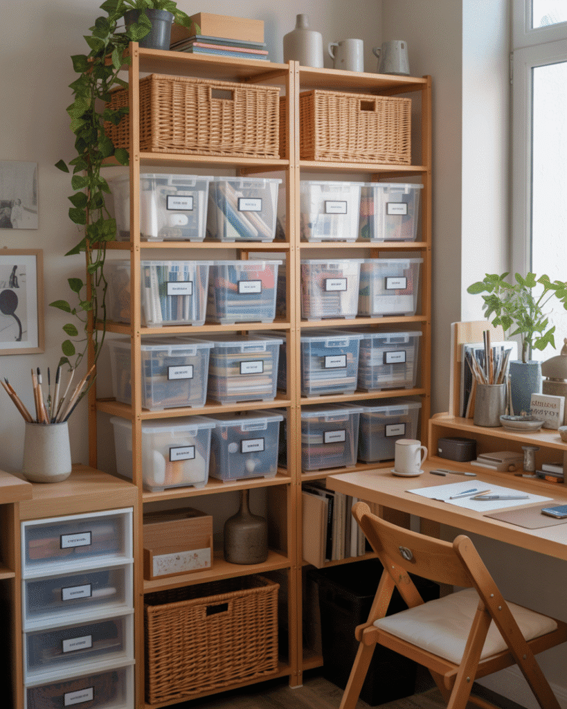 A realistic art studio room with shelves and desk storage featuring labeled acrylic bins and woven baskets, ceramic cups on desk, acrylic drawers and plants nearby, natural light, full creative space visible with labeled storage subtly emphasized