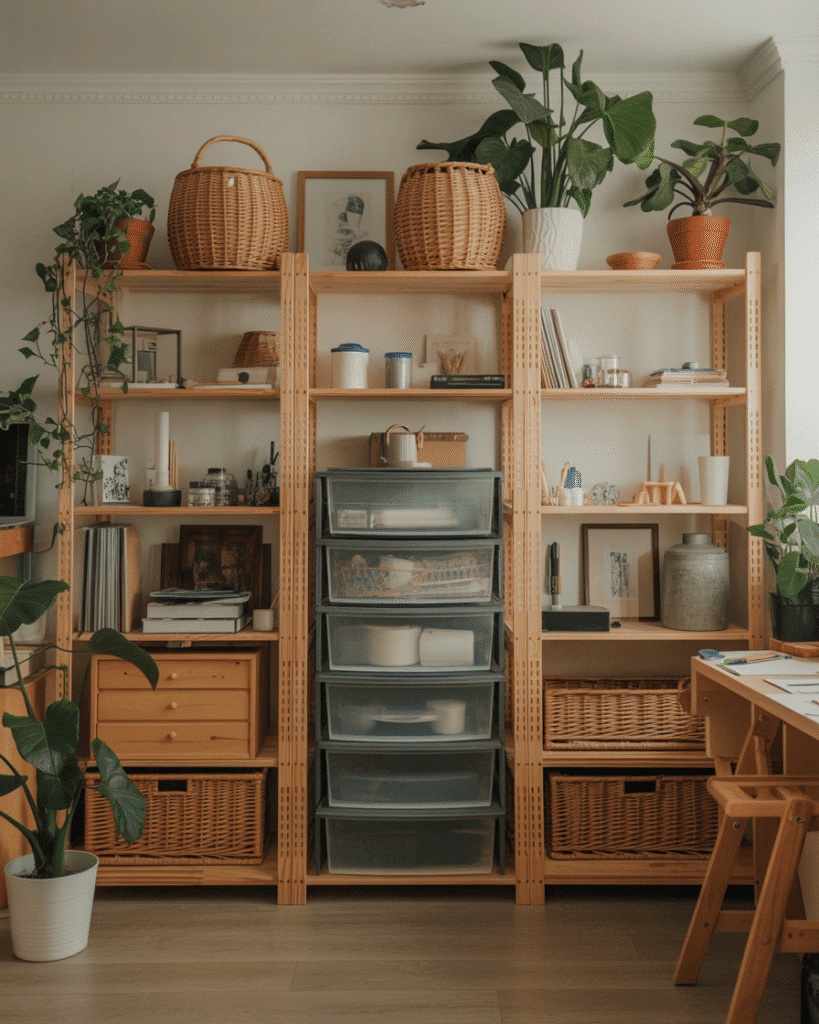 A full art studio scene with wooden shelves, woven baskets, acrylic storage drawers, ceramic containers and green plants in pots placed around the room, warm daylight, realistic cozy creative space with plants enhancing the overall aesthetic
