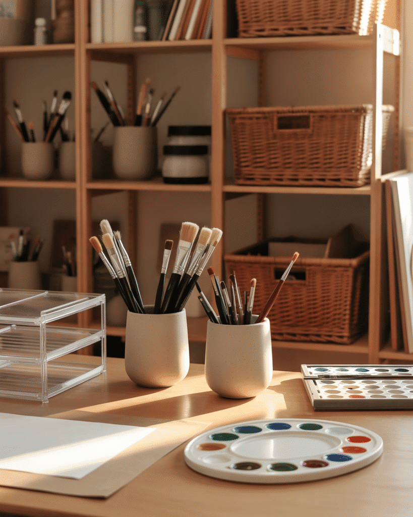 A full art studio scene with a light wood desk and shelving, where neutral ceramic cups holding brushes and pens sit on the desk next to acrylic organizers and paint palettes, baskets and storage behind, warm sunlight, realistic cozy creative room with ceramic cups subtly emphasized