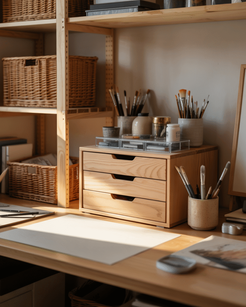 A realistic art studio room with a light wood desk and shelving, where a natural wood drawer storage unit sits on the desk holding neatly organized art supplies, surrounded by ceramic brush cups, acrylic organizers, woven baskets on nearby shelves, soft natural sunlight, cozy functional creative space, full room visible with subtle focus on the wooden drawer unit as the main storage feature