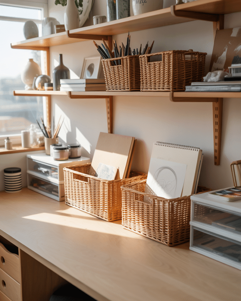 A realistic art studio with wooden shelves along the wall, where woven rattan baskets hold sketchbooks and supplies among ceramic decor, acrylic drawers, and paint jars, light wood desk below, soft sunlight through a window, full creative space visible with gentle focus on the rattan baskets as part of an organized aesthetic room
