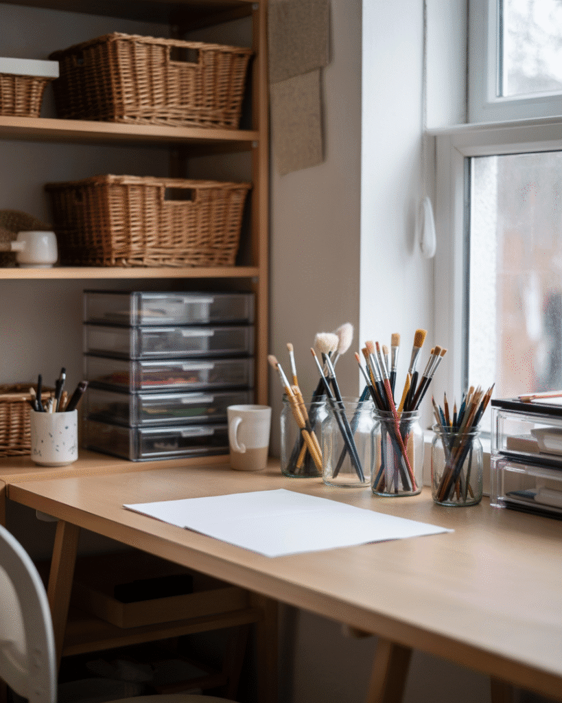 A full view of a cozy art studio with a light wood desk near a window, shelves behind holding baskets and storage bins, where clear glass jars filled with brushes and pencils sit on the desk alongside acrylic drawers and ceramic cups, warm natural light, realistic lived-in workspace with subtle emphasis on the glass jars as functional decor