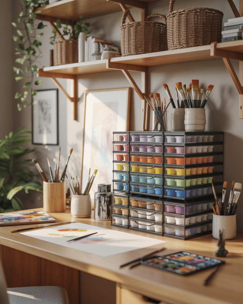 A realistic home art studio with a wooden desk and wall shelves, where stacked acrylic drawers filled with colorful paints and tools sit neatly on the desk, surrounded by ceramic cups of brushes, woven baskets on shelves, plants, soft daylight, full room visible with the acrylic storage as the highlighted organizing feature