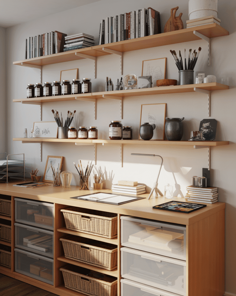 A full view of an art studio with wooden floating shelves displaying sketchbooks, jars of brushes, paint jars and ceramics above a light wood desk, acrylic drawers and baskets below, warm sunlight, realistic organized creative space with floating shelves as the focal display element