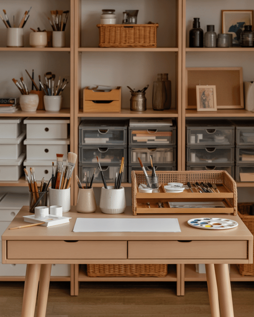 A full art studio scene with a light wood desk in front of shelves and storage, featuring ceramic brush cups, wooden organizers, acrylic drawers, rattan tray of tools, paint palettes displayed neatly, warm daylight, realistic lived-in but tidy creative room with the desk as the main focus