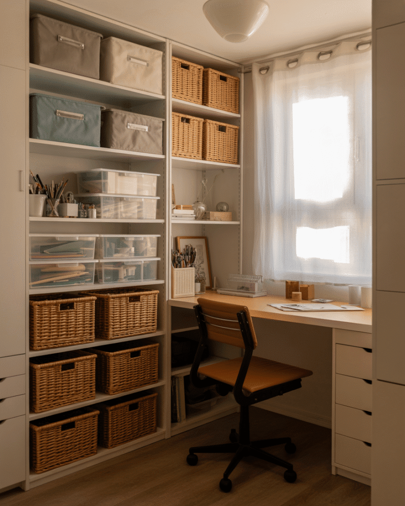 A realistic small art studio corner with compact shelving filled with fabric bins, woven baskets, acrylic drawers and organized supplies, a small wooden desk nearby, soft natural light, slightly tight but cozy workspace, full space visible with smart storage as the focus