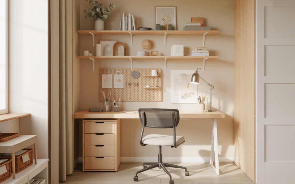 A bright, small creative corner featuring a compact desk against a warm neutral wall, styled with light wood floating shelves, a slim drawer unit, pegboard storage, and neatly organized art supplies. The space feels airy, calm, and intentional, with soft natural light, neutral tones, and an inviting, Pinterest-worthy aesthetic.