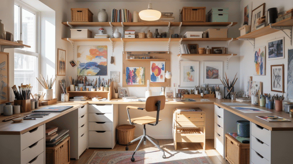 Creating an inspiring art studio doesn’t require a large room — just smart storage and thoughtful design. In this guide, you’ll discover simple, space-saving ways to organize your paints, brushes, paper, and tools in even the smallest creative corners. These ideas help you maximize vertical space, declutter your desk, and build a beautiful studio that feels open, functional, and perfectly tailored to your workflow.