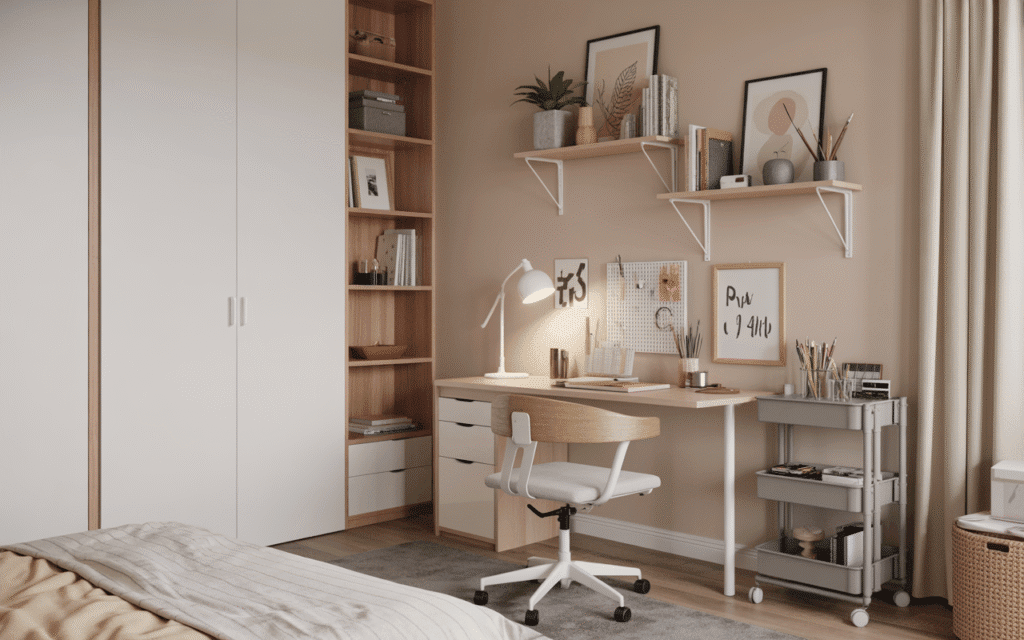 A small bedroom corner transformed into a creative zone with a minimalist desk, a rolling art cart beside it, wall-mounted shelves, and neatly arranged art tools. The setup feels intentional and uncluttered, showing how a defined zone brings calm to a small space.