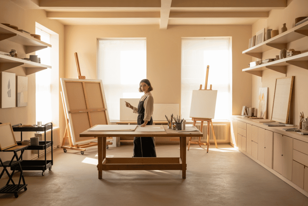A spacious, light-filled art studio with warm neutral tones and soft morning light. A stylish woman in her early 30s stands at a large central wood art table, surrounded by open space for movement. The perimeter of the room features floating shelves, a rolling art cart, and neatly styled storage cabinets. Large canvases lean casually against the wall, and an easel stands nearby. The space feels airy, balanced, and professional — designed for artists working across multiple mediums.
