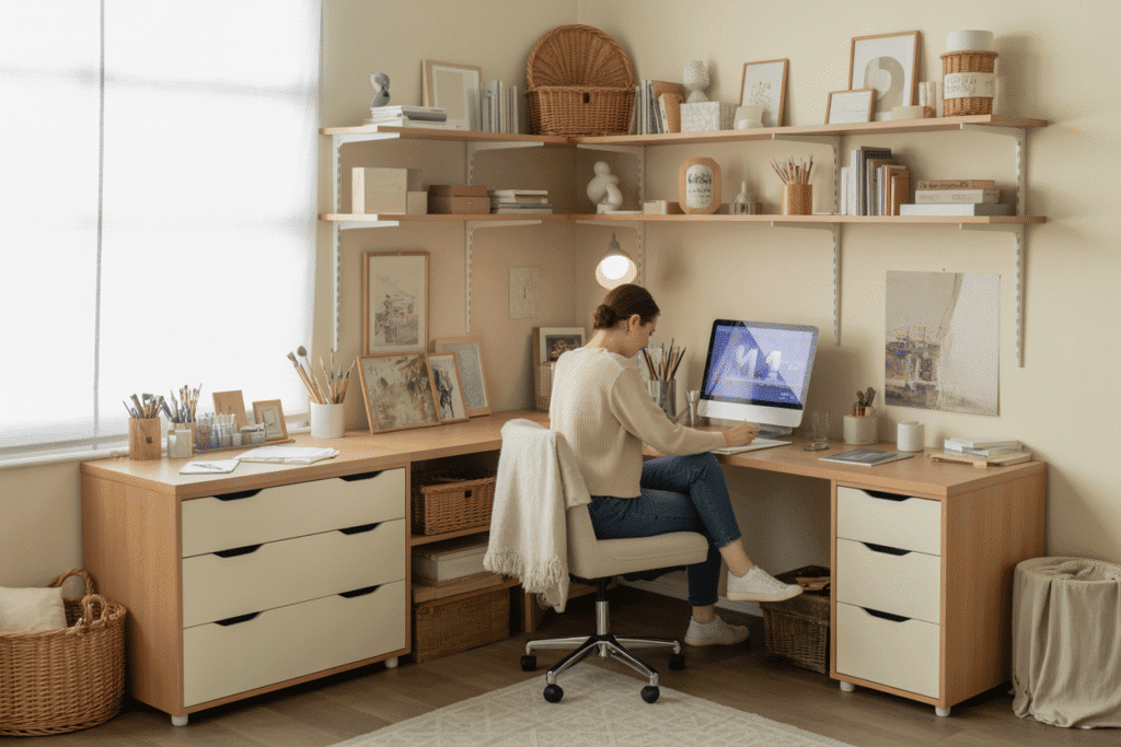 A cozy corner art studio featuring an L-shaped setup made from two coordinating desks. A female artist works at the main surface while storage and digital tools rest on the side table. Shelves are mounted above the L-shape, holding sketchbooks, jars of brushes, and decorative baskets. The palette is soft and calming — light wood, cream, and neutral textiles — making the space feel efficient but not cramped.