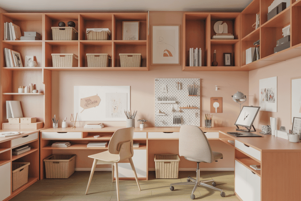 A beautifully organized art studio divided into clear creative zones. A feminine, modern workspace features a drawing desk with pencil organizers, a wet media station with paint storage, a digital art corner with a tablet stand, and a styled storage wall. Each zone feels intentional yet cohesive, unified by warm wood tones, soft beige walls, and minimalist decor. Natural light highlights the structure and flow of the space.