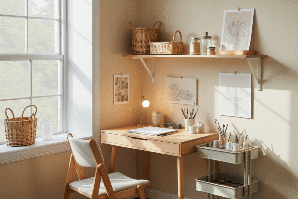 A small yet elegant art corner tucked beside a sunlit window. A compact wood desk holds a sketchbook and ceramic brush cups, while a slim rolling cart stores paints and tools. A floating shelf above the desk displays baskets, jars, and inspiration prints. The overall look is minimal, feminine, and serene — proof that even a tiny corner can be deeply inspiring.