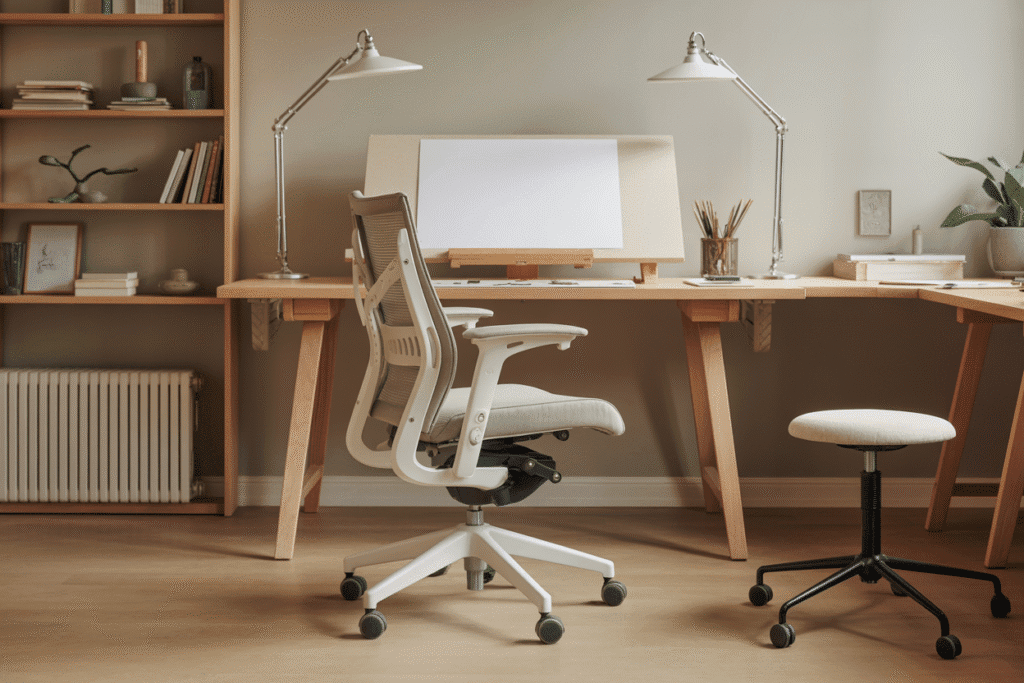 A stylish ergonomic chair tucked beneath an art desk, paired with a drafting stool nearby. Both are neutral-toned with clean lines, blending seamlessly into the studio aesthetic. The setup feels comfortable, supportive, and visually cohesive — ideal for long creative sessions.