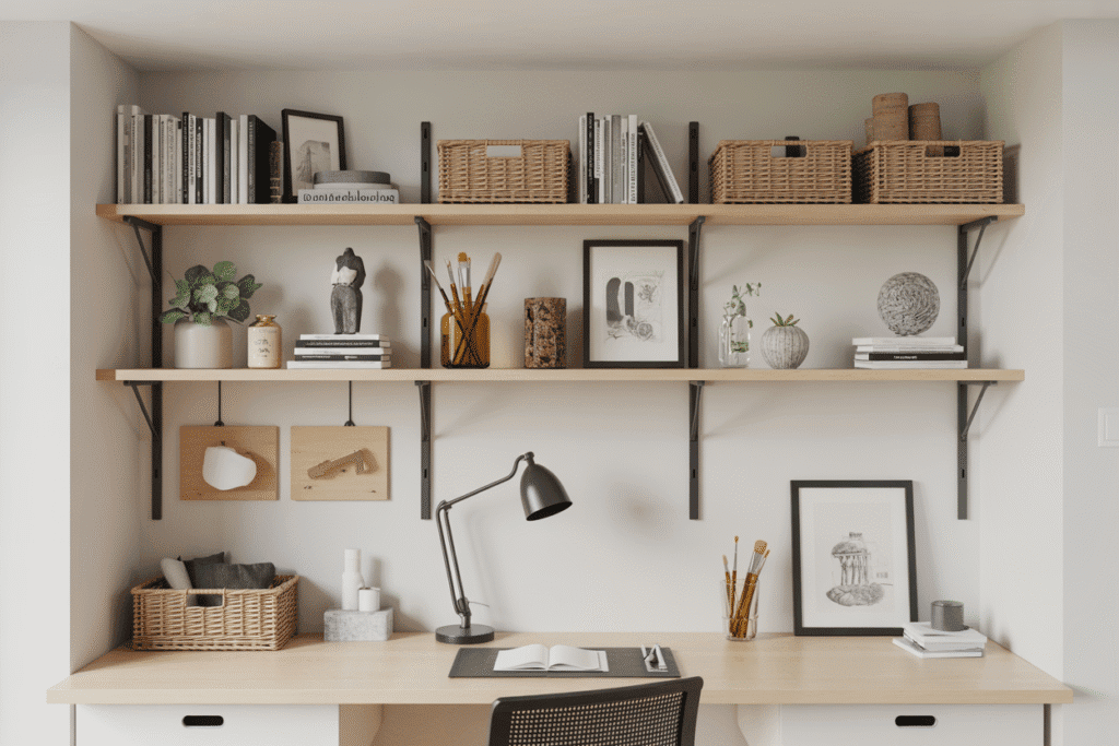 Floating shelves mounted above a desk, styled with sketchbooks, baskets, jars of brushes, and decorative objects. The shelves draw the eye upward, maximizing storage while maintaining a light, airy feel. The styling is minimal yet creative.