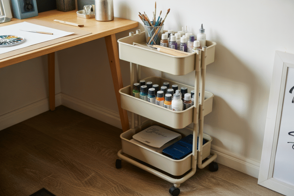 A sleek rolling art cart positioned beside a workspace, holding paints, markers, and daily-use tools. The cart is styled neatly but practically, ready to roll wherever creativity strikes. It adds flexibility without clutter.