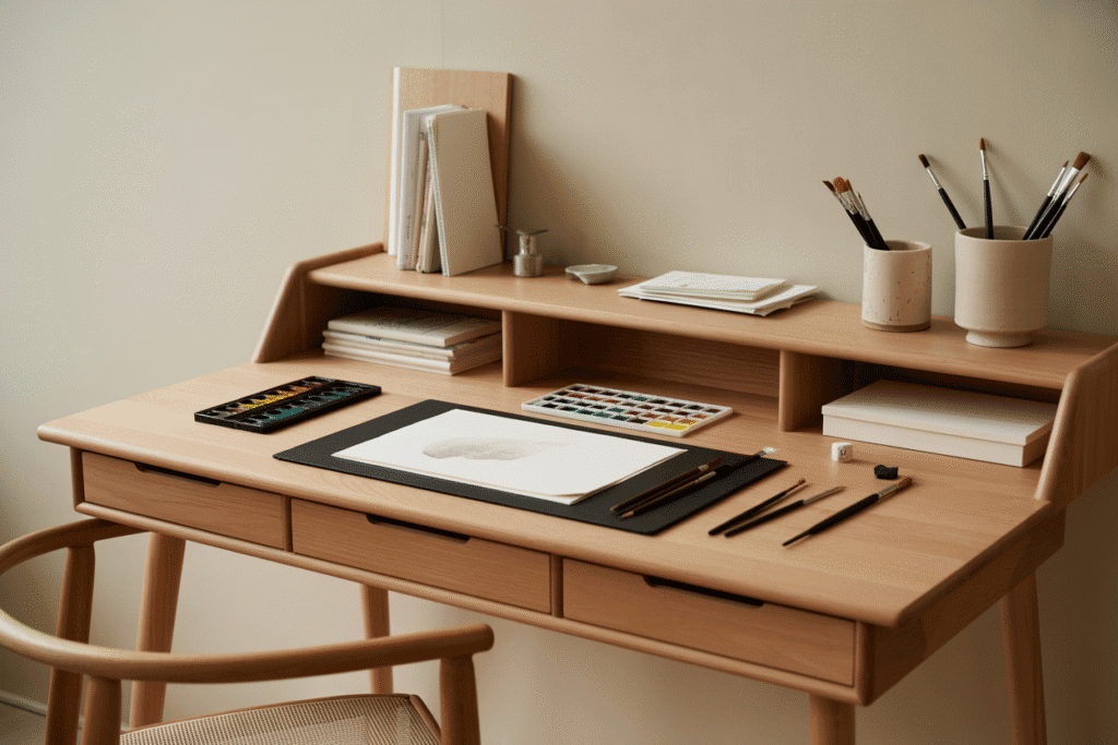 A clean, modern art desk crafted from light wood with a wide, uncluttered surface. Art supplies are styled intentionally — a watercolor palette, brushes in ceramic cups, and stacked sketchbooks.