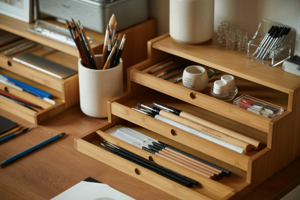 A close-up of a beautifully styled art desk featuring acrylic organizers, ceramic cups, and bamboo trays neatly holding pencils, markers, brushes, rulers, and small tools. The setup feels calm and intentional, with warm wood tones and soft natural light highlighting each compartment. Everything is visible, reachable, and aesthetically pleasing.
