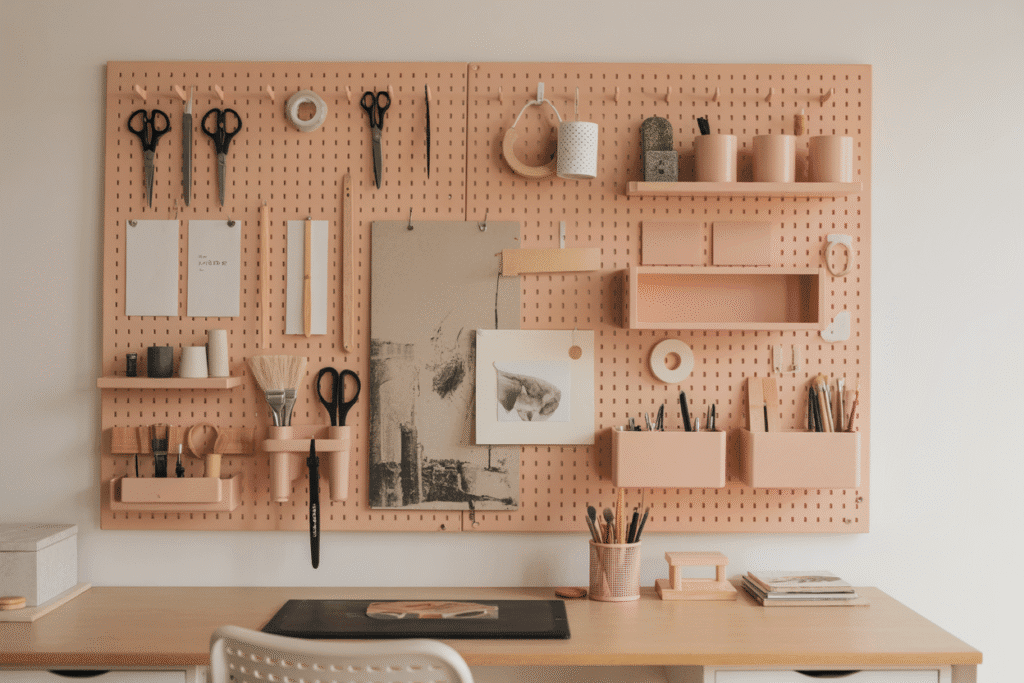 A modern pegboard mounted above an art desk, styled with hanging scissors, brushes, tape, small shelves, and storage cups. The board is color-coordinated in soft neutrals, blending seamlessly into the studio’s aesthetic. The wall feels both functional and decorative — a true design feature.