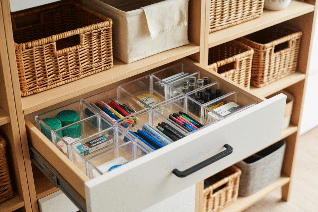 An open drawer styled with acrylic dividers neatly separating tools, markers, and small supplies. Nearby shelves display rattan baskets and fabric bins holding bulkier materials. The mix of clear and textured storage creates a warm, elevated organization system that feels curated rather than cluttered.