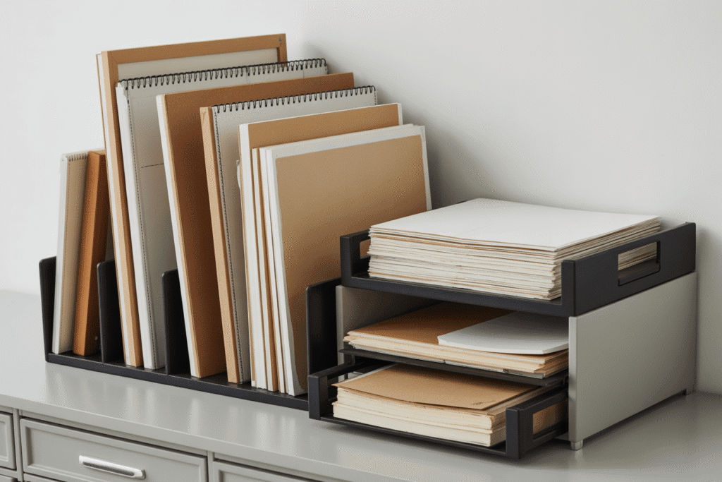 A vertical paper storage rack holding large sketch pads, watercolor paper, and canvas boards arranged upright for easy access. A flat file drawer nearby stores delicate papers safely. Everything looks protected, organized, and studio-professional.