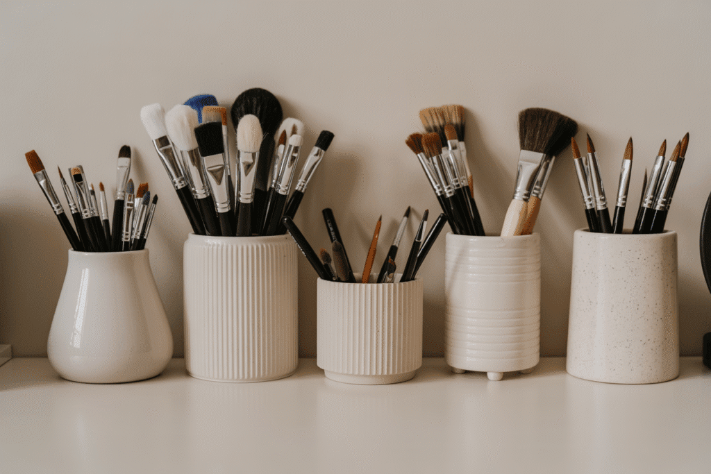 A collection of brushes and pens stored upright in ceramic jars, rotating organizers, and brush stands on a clean desk surface. Each tool is separated, protected, and easy to grab. The setup looks artistic, intentional, and display-worthy.