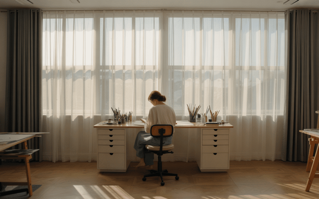 A serene art studio positioned beside a large window with sheer curtains softly diffusing daylight. A female artist works at a light wood desk, her workspace illuminated naturally. The colors feel accurate, the shadows are soft, and the room feels open, calm, and creatively energizing.